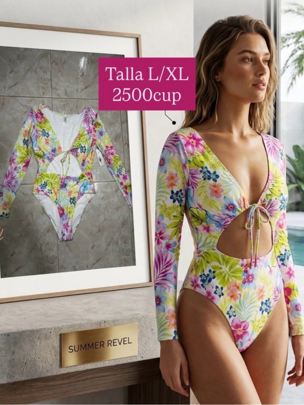 Celebrity Pink Floral Long-Sleeve Cutout One-Piece Swimsuit - Multicolor